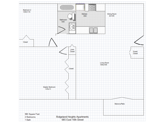 Floor plan for 2 beds, 1 bath, 985 sqft